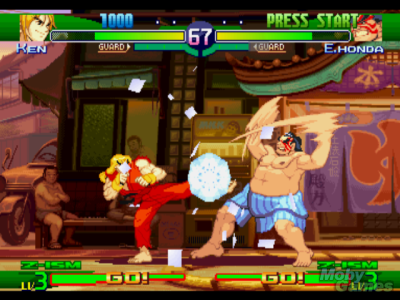 Ken breaking E. Honda's guard in Street Fighter Alpha 3