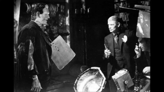 Boris Karloff behind the scenes of Bride Of Frankenstein talking to director James Whale.